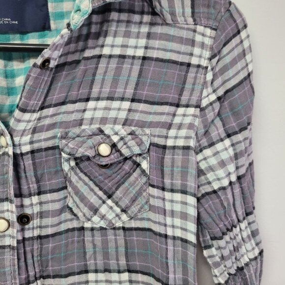American Eagle Outfitters Plais Shirt Snap Pockets Women's Size 4 Small Gray - Picture 7 of 8